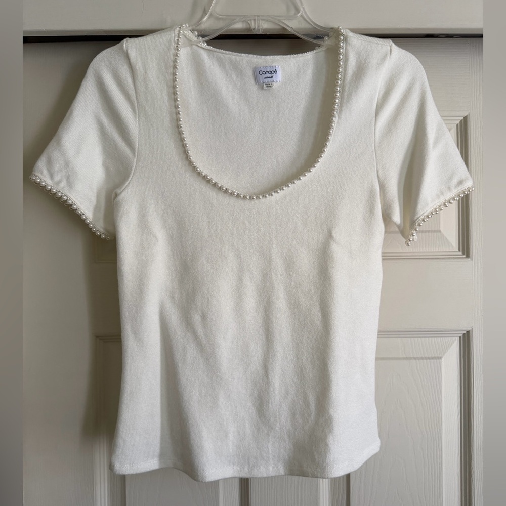 Anthropologie White Pearl-Trim Short Sleeve Top